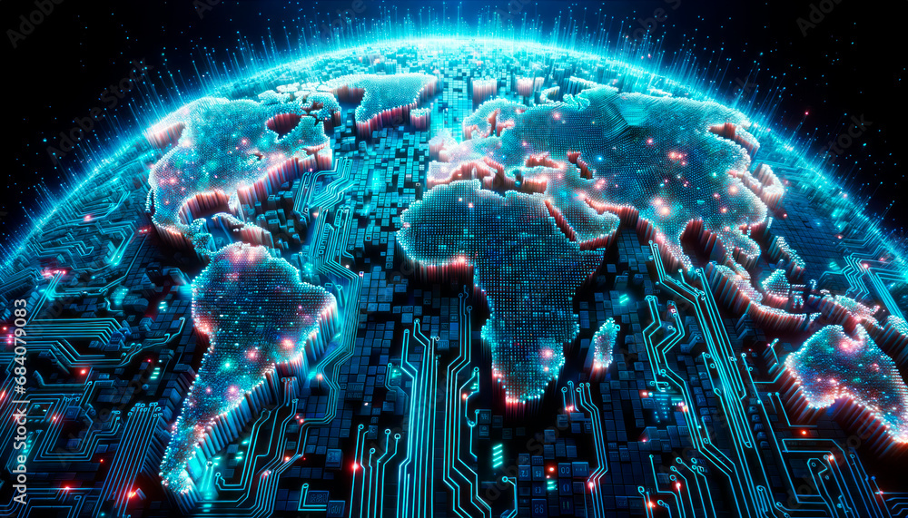 Aufkleber Futuristic digital world map with glowing connections. Cybersecurity and technology concept. Generative AI