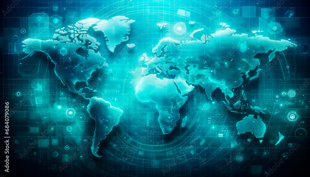 Poster holographic digital world map with a glowing blue cyber network. global connectivity and internet co