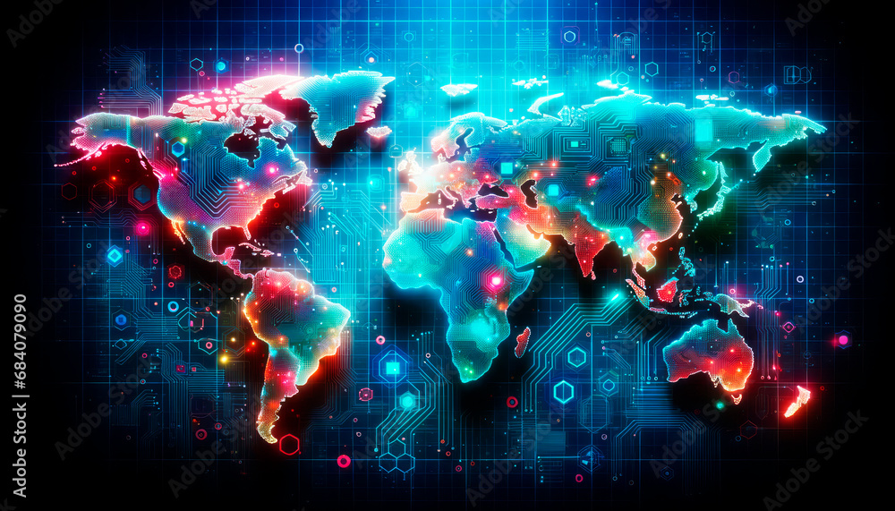 Aufkleber Colorful digital world map with interactive data points. Communication network concept. Generative AI