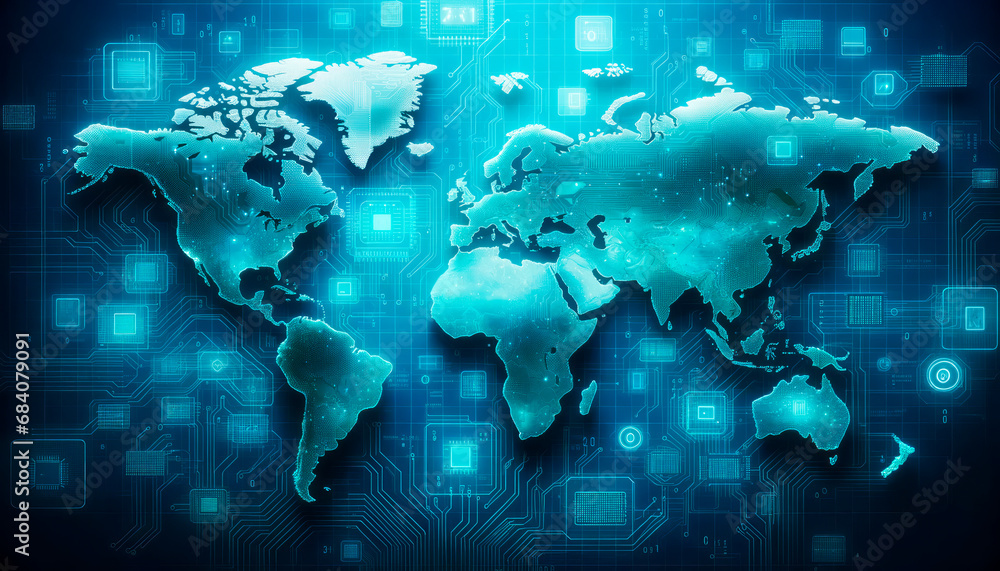 Poster Interactive digital map showcasing global data networks. Cybersecurity concept. Generative AI