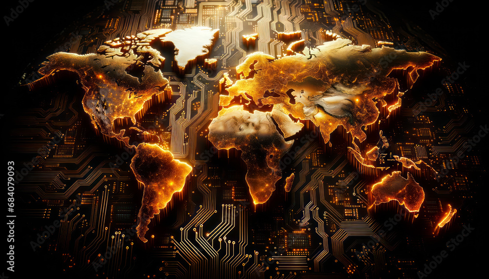 Poster Digital world map on circuit board, glowing connections signify global technology. Generative AI