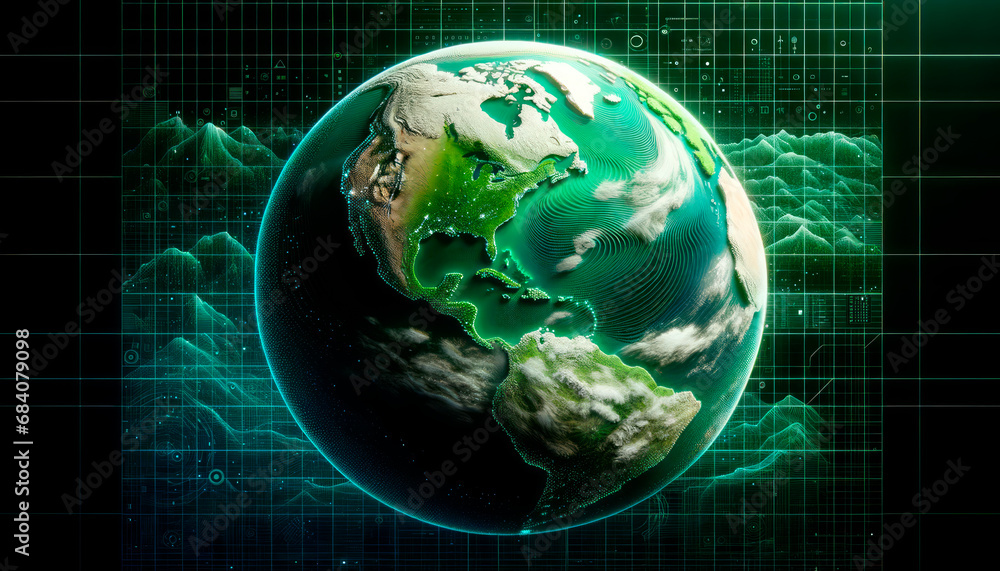 Aufkleber digital earth with green data streams on black grid background. connectivity and information concept