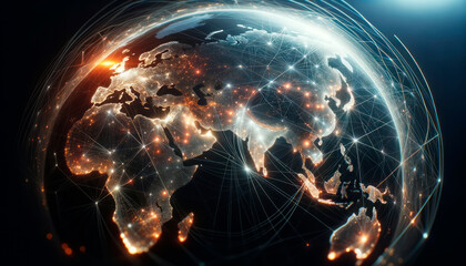Naklejka na ściany i meble Glowing digital globe with network activity indicators. World connectivity and data exchange concept. Generative AI