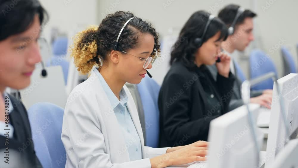 Poster multinational operator group working in the office. computer class. system engineering.