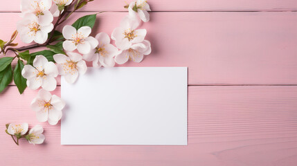 Blank paper and flowers on pink color background, flower decoration with empty white paper can use for wishing purpose and greetings, isolated on pink color background, copy space, top view