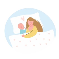 Mother and child are sleeping soundly on a pillow under a blanket, mother hugs the child.	

