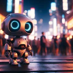 Robot on the road in the city at night. 3d rendering.
