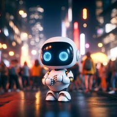 Robot on the road in the city at night. 3d rendering.
