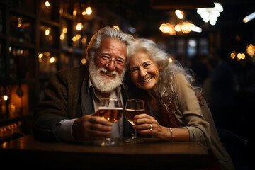 Active social lifestyle of senior people concept. Mature couple having fun drinking beer at cafe bar restaurant. Husband and wife hanging out enjoying happy hour at brewery pub.