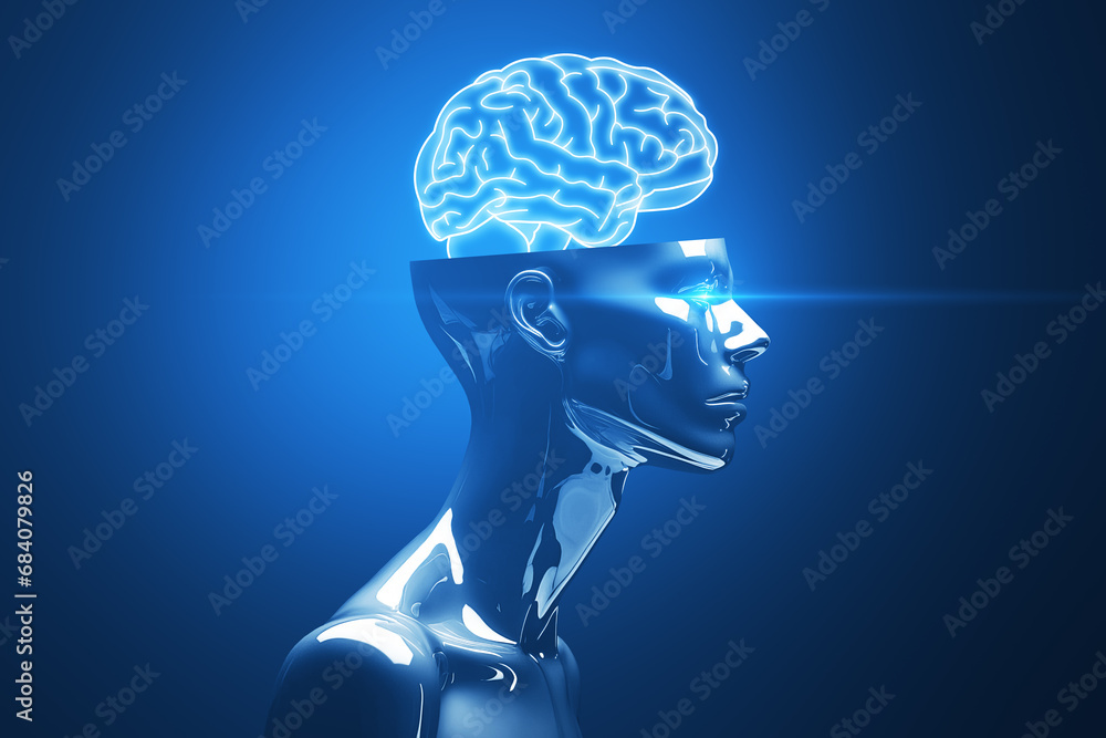 Aufkleber profile of a luminous brain in a transparent head, generative ai