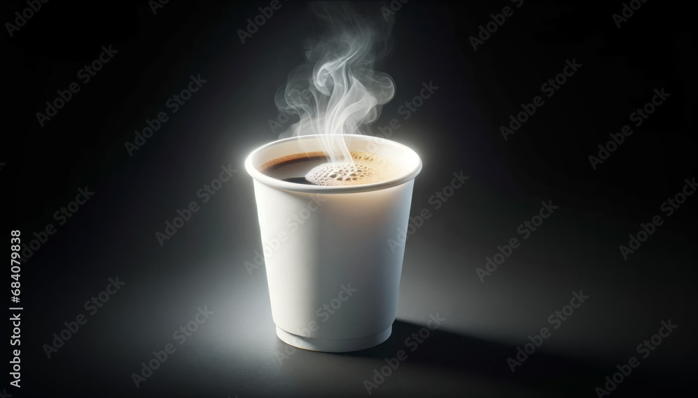 Poster steaming coffee cup mockup on dark background with a highlighted edge. product photography. generati