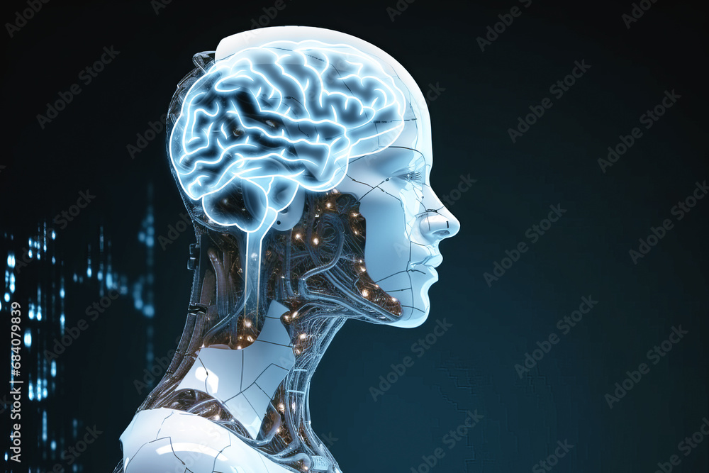 Poster transparent humanoid figure with a visible brain, generative ai