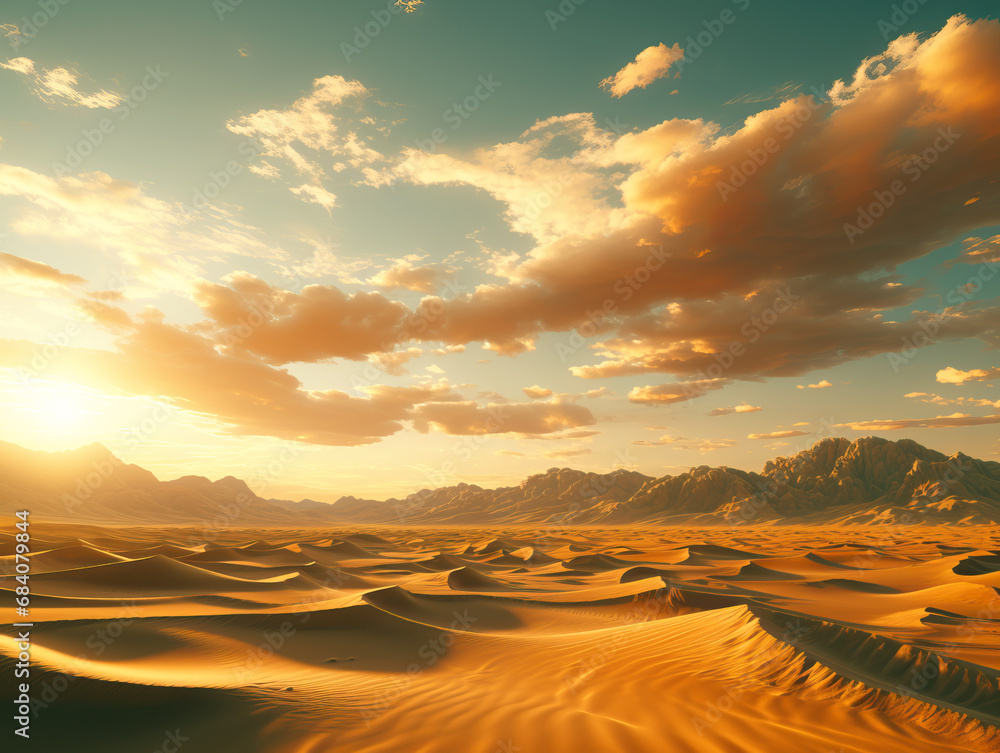 Poster evening light casting golden hues on desert dunes and mountain ranges. generative ai