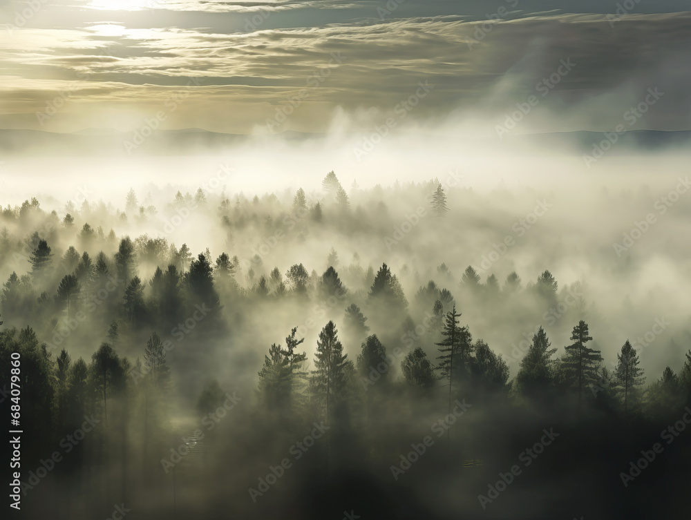 Poster golden sunrise rays filtering through a fog enveloped forest. inspirational nature scene. generative