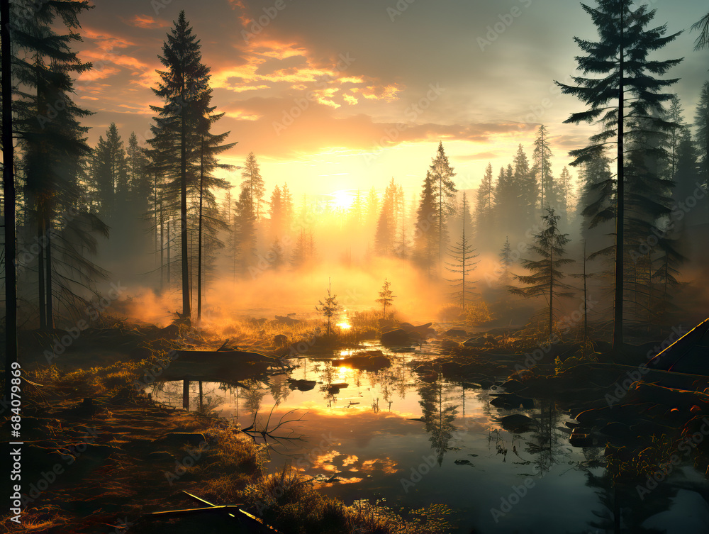 Poster sunset warm glow reflecting on a forest pond amidst fog. serene nature background. generative ai