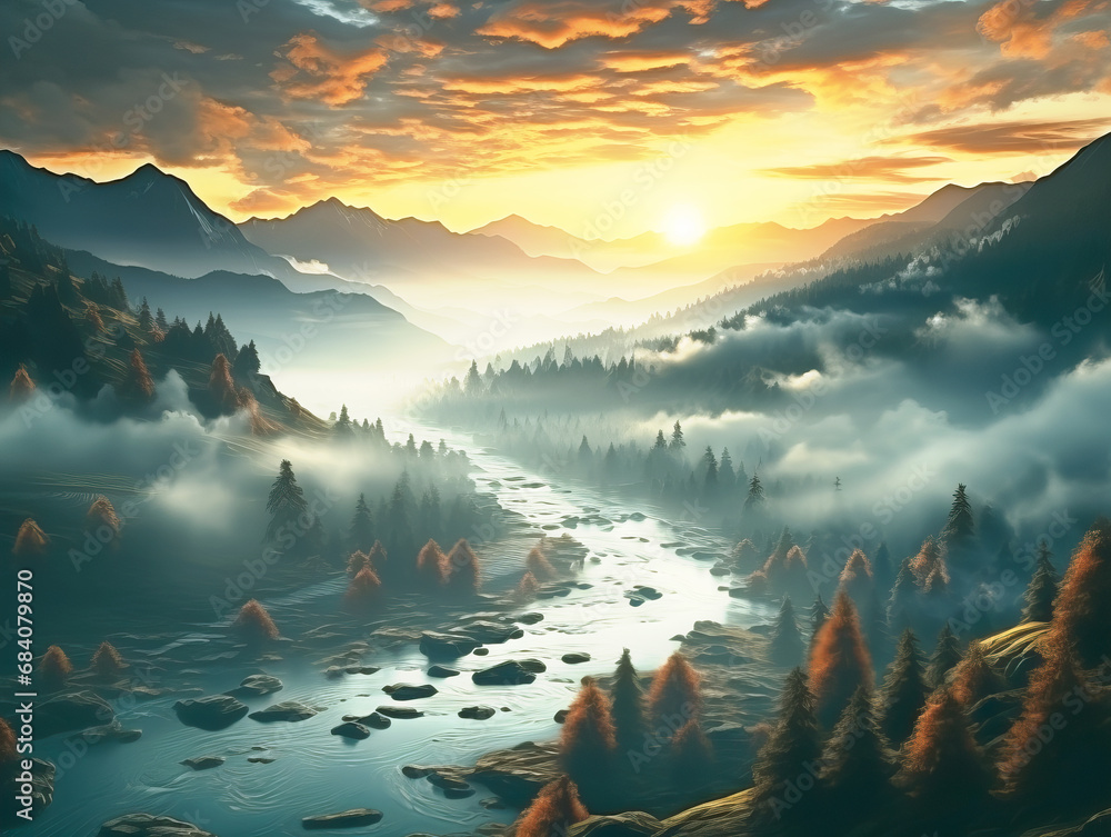 Poster sunrise over misty mountains with river flowing through a forest. warm light illuminating the scene.