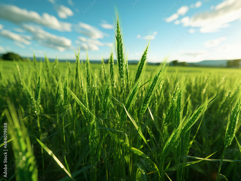 Leinwandbilder close up of wheat in a field under a blue sky with fluffy clouds. generative ai