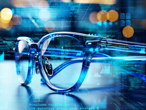 Eyeglasses on blue code script background symbolizing programming analytics. Software development concept. Generative AI