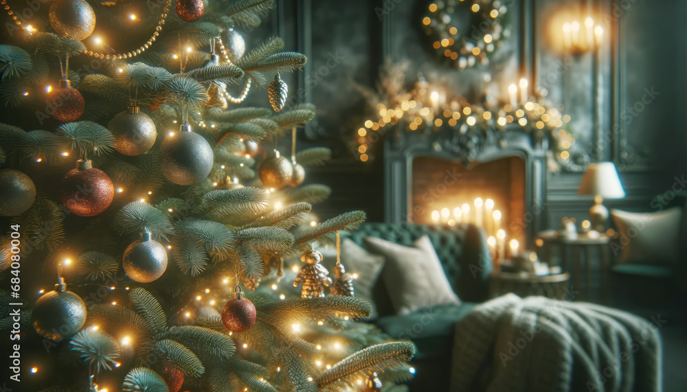 Poster christmas tree with silver baubles and soft glowing lights, creating a tranquil holiday scene. gener