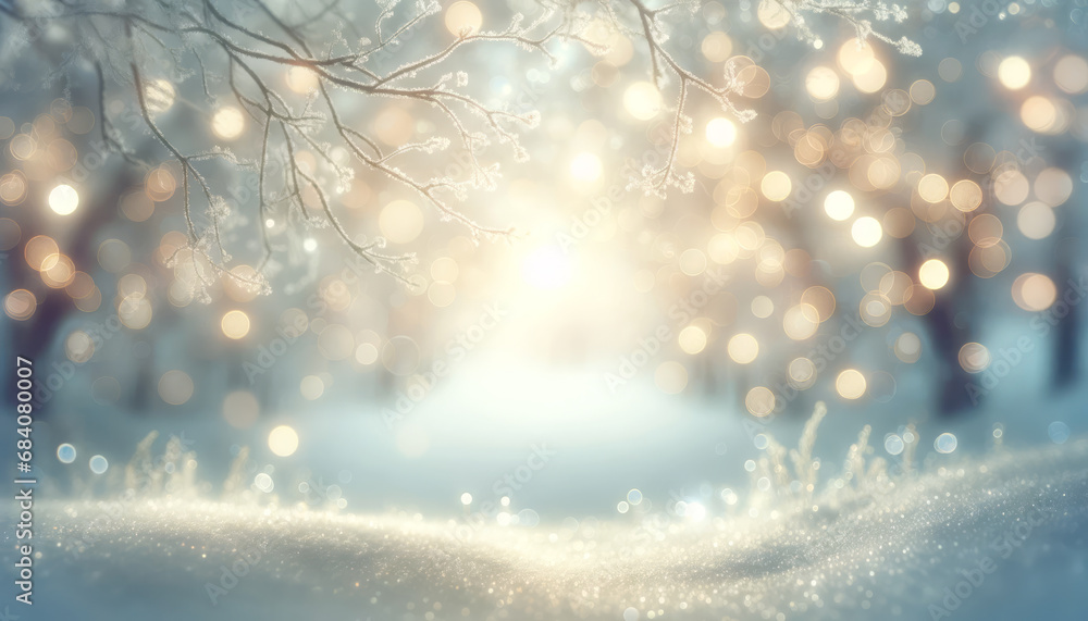 Poster glistening winter morning with delicate tree branches and bokeh light. tranquil dawn concept. genera