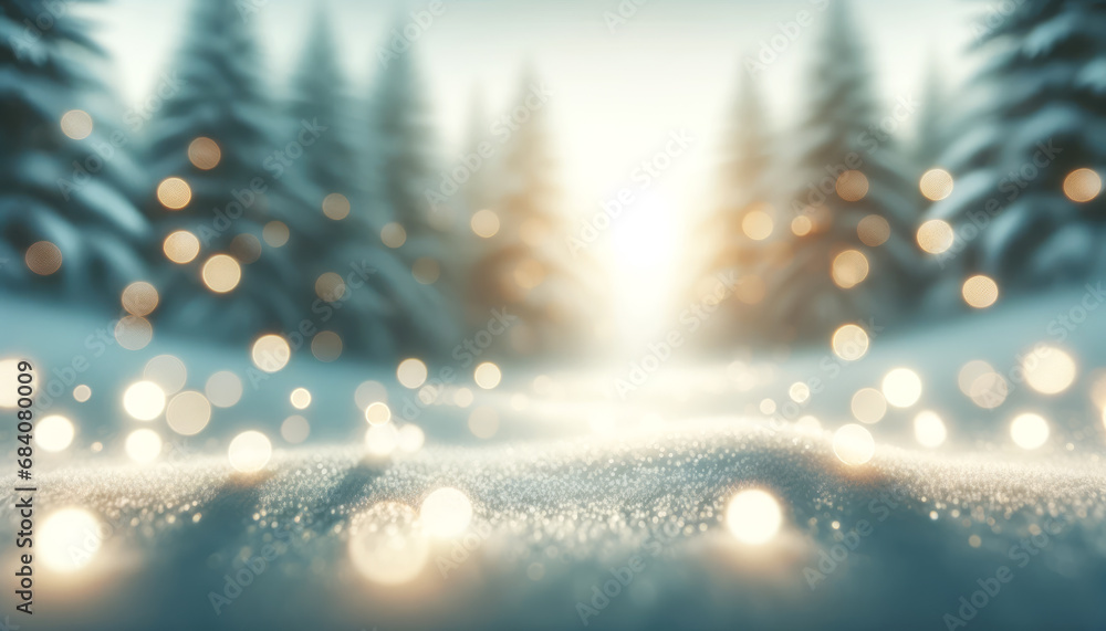 Poster enchanted winter nightscape, shimmering bokeh blending with a snowy foreground. magical night concep