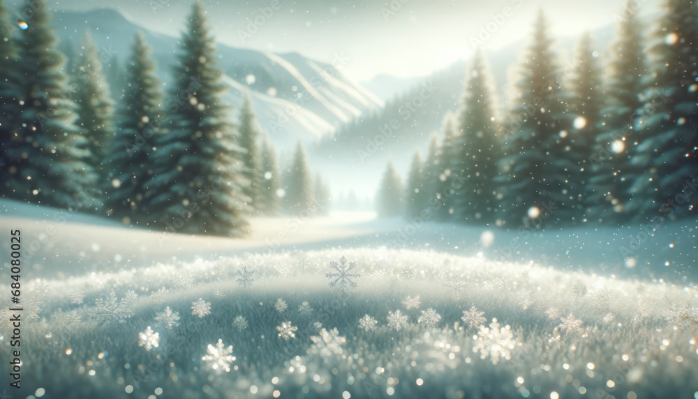 Poster pristine snowflakes on a serene snowy landscape with forest backdrop. winter magic concept. generati