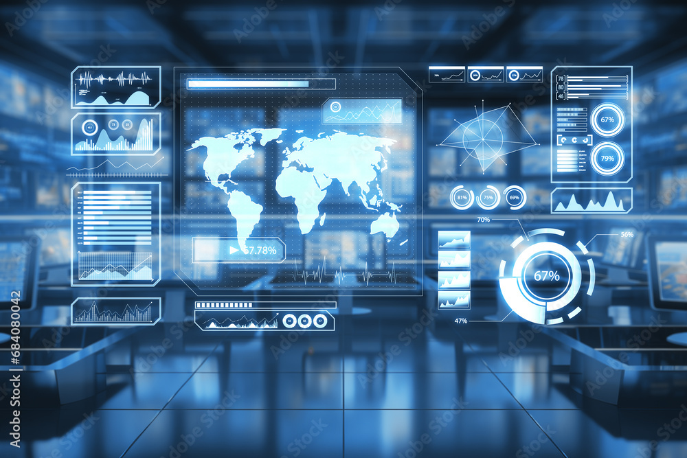 Aufkleber Futuristic network operations center with world data visualization and holographic interface. Security and monitoring concept. Generative AI