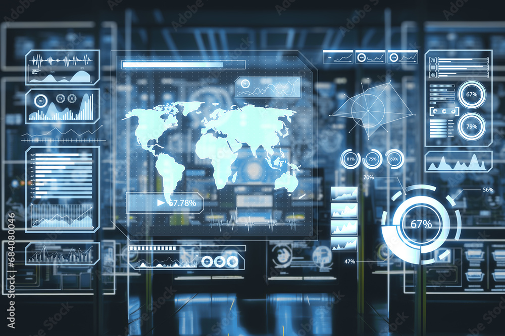 Poster Sophisticated control room with interactive hologram maps and data analytics. Modern technology and surveillance concept. Generative AI