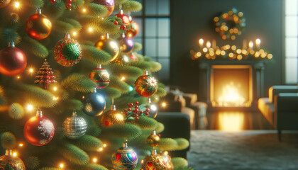 Fototapeta na wymiar Decorated Christmas tree with colorful ornaments and a cozy fireplace in the background. Generative AI