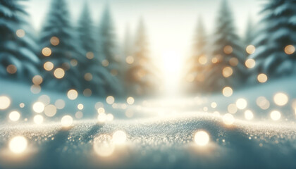 Enchanted winter nightscape, shimmering bokeh blending with a snowy foreground. Magical night concept. Generative AI