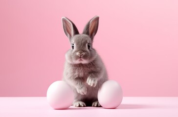 Naklejka na ściany i meble Cute and soft grey bunny between two white eggs on a pink background evokes purity and new beginnings for spring.