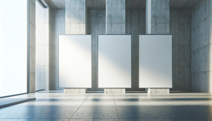 Minimalist gallery space with triple posters against a concrete backdrop. Generative AI