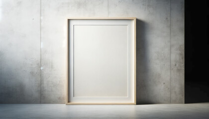 Minimalist art display with a singular framed canvas against a textured concrete backdrop. Generative AI