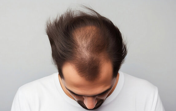 Brunette man with alopecia, hair loss is showing his sparse hair on white background, top view, close-up. Baldheaded man