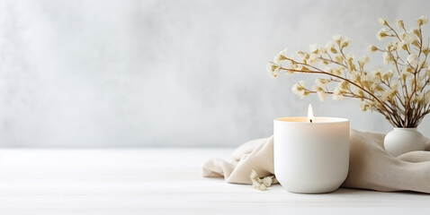 interior photo of a Candle Copy Space decorated with a white cloth beside it - obrazy, fototapety, plakaty