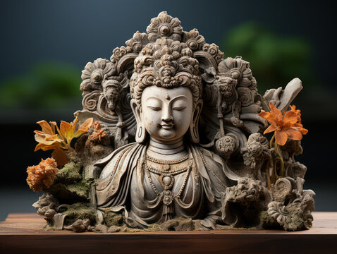a photo art of a Buddha statue with distinctive carvings decorated with yellow flowers placed on wood