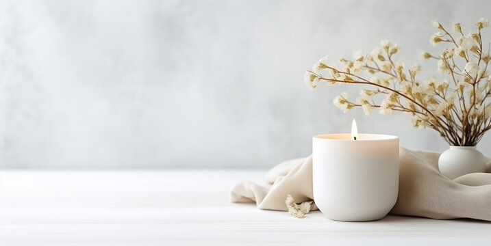 interior photo of a Candle Copy Space decorated with a white cloth beside it