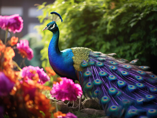 Obraz premium portrait of a blue peacock walking in the garden surrounded by beautiful flowers