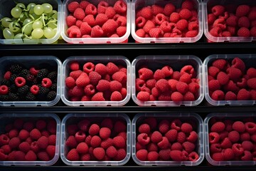 Fresh and Juicy Raspberries Packed in Plastic Containers for Easy Storage and Transportation Generative AI