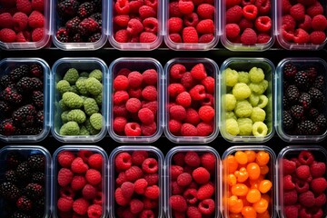 Assorted Fresh Fruits in Clear Plastic Containers for Healthy Snacking and Meal Prep on White Background. Generative AI