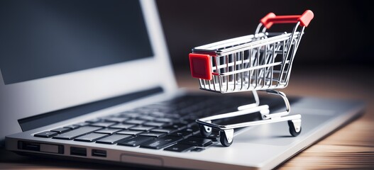 Online Shopping Concept A Shopping Cart Placed on a Laptop Keyboard for Convenient E-Commerce Experience Generative AI