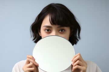 Beautiful young woman admiring her reflection in a handheld mirror with a serene expression on her face. Generative AI