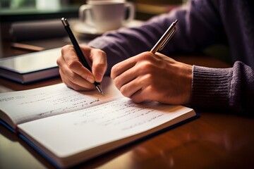 Handwritten Thoughts Person Jotting Down Ideas in Notebook with Pen on Wooden Table Generative AI