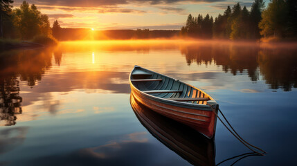 photo of the sunset on the edge of the lake with old boats on the edge of the lake - obrazy, fototapety, plakaty