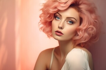 A Vibrant Woman With Pink Hair Striking a Pose for a Captivating Photograph. A vintage style portrait of a woman with pink hair posing for a picture