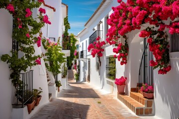 Serene Stroll Along Arafed Walkway Adorned with Vibrant Pink Flowers and Lush Potted Plants Generative AI