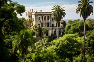 Fototapeta na wymiar Serene Retreat Majestic Building with Lush Greenery and Balcony in the Heart of Nature Generative AI