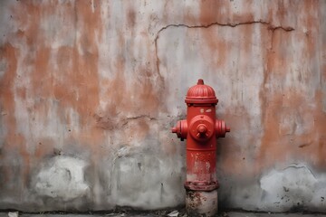 Rustic Red Fire Hydrant Standing Strong Against a Cracked Wall in Urban Setting Generative AI