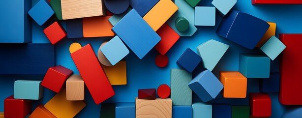 Obraz premium Colorful Wooden Blocks Piled High on Blue Surface for Creative Play and Learning Generative AI