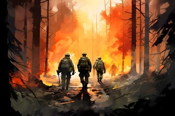 Group of Military Personnel Trekking Through Dense Woods with a Blazing Campfire in the Distance Generative AI